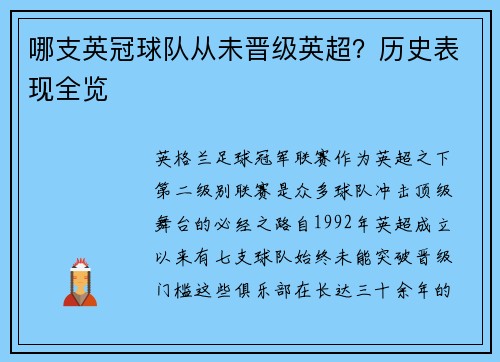 哪支英冠球队从未晋级英超？历史表现全览