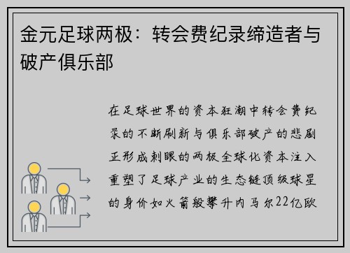 金元足球两极：转会费纪录缔造者与破产俱乐部