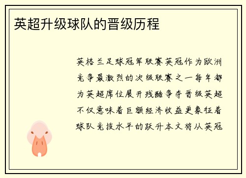 英超升级球队的晋级历程